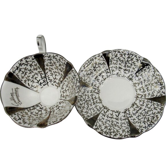 QUEEN ANNE Silver Lace Wedding Anniversary Cup And Saucer England Leaf Design - Picture 11 of 12